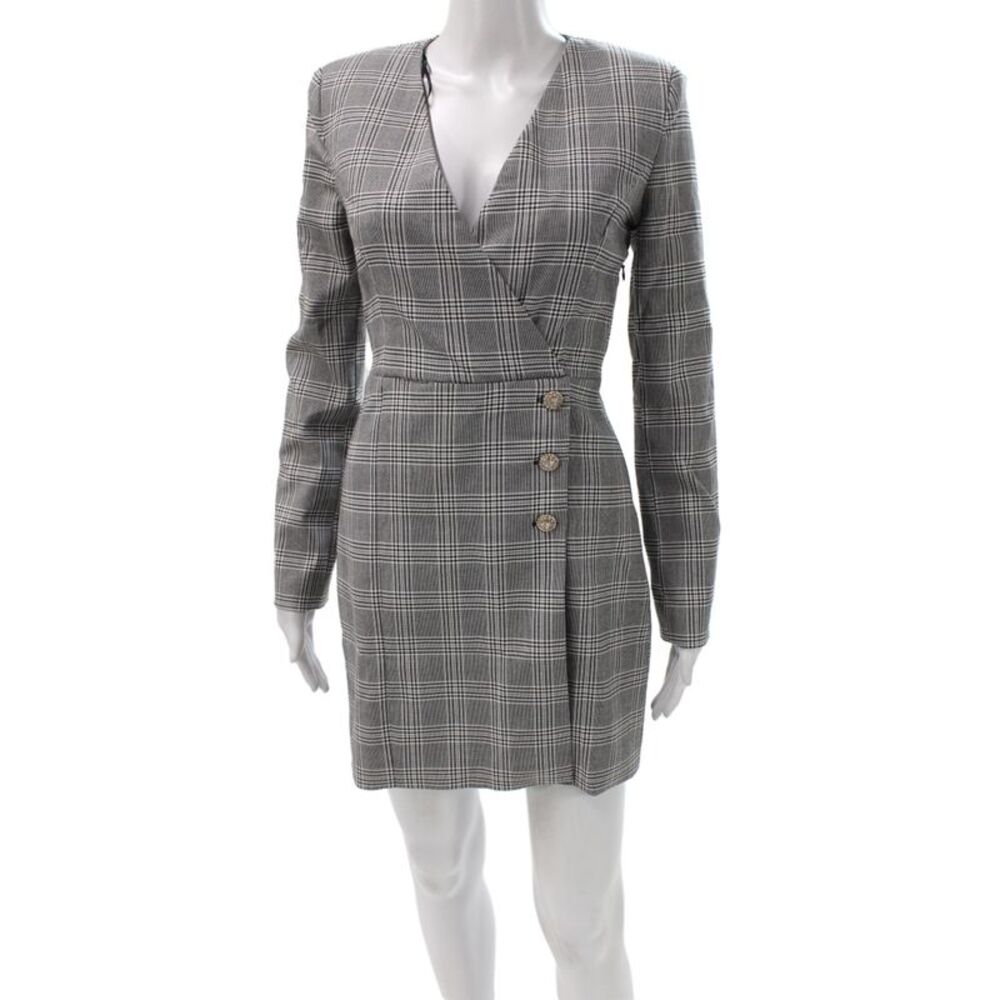 Zara Womens Gray Plaid Jacket Dress Long Sleeve V-Neck Button Mini Size XS
